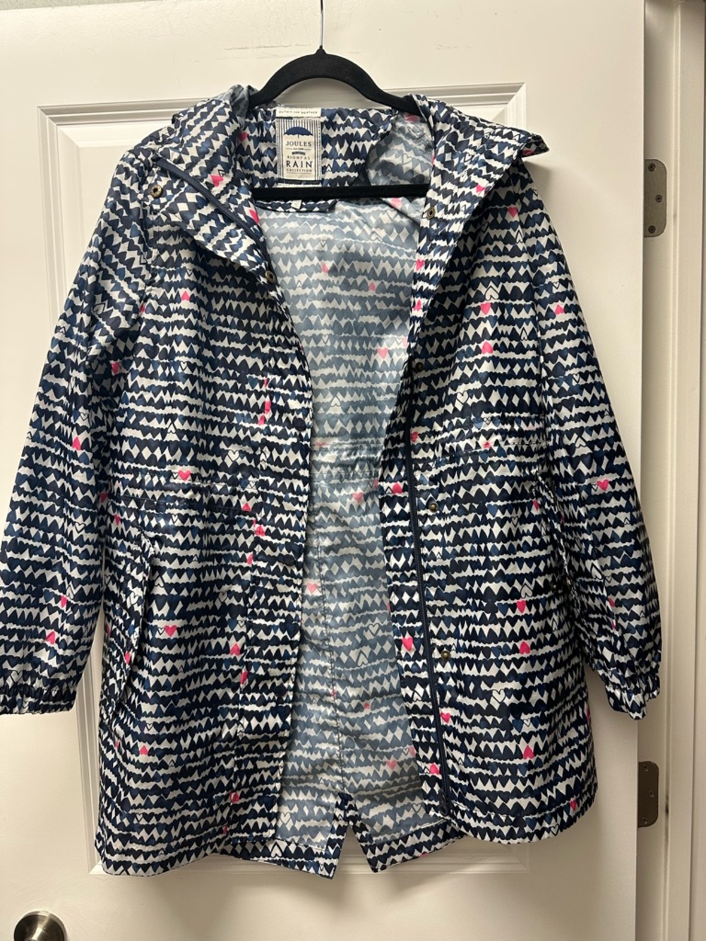 Joules W Navy & White Printed Raincoat with Pink Heart Accents